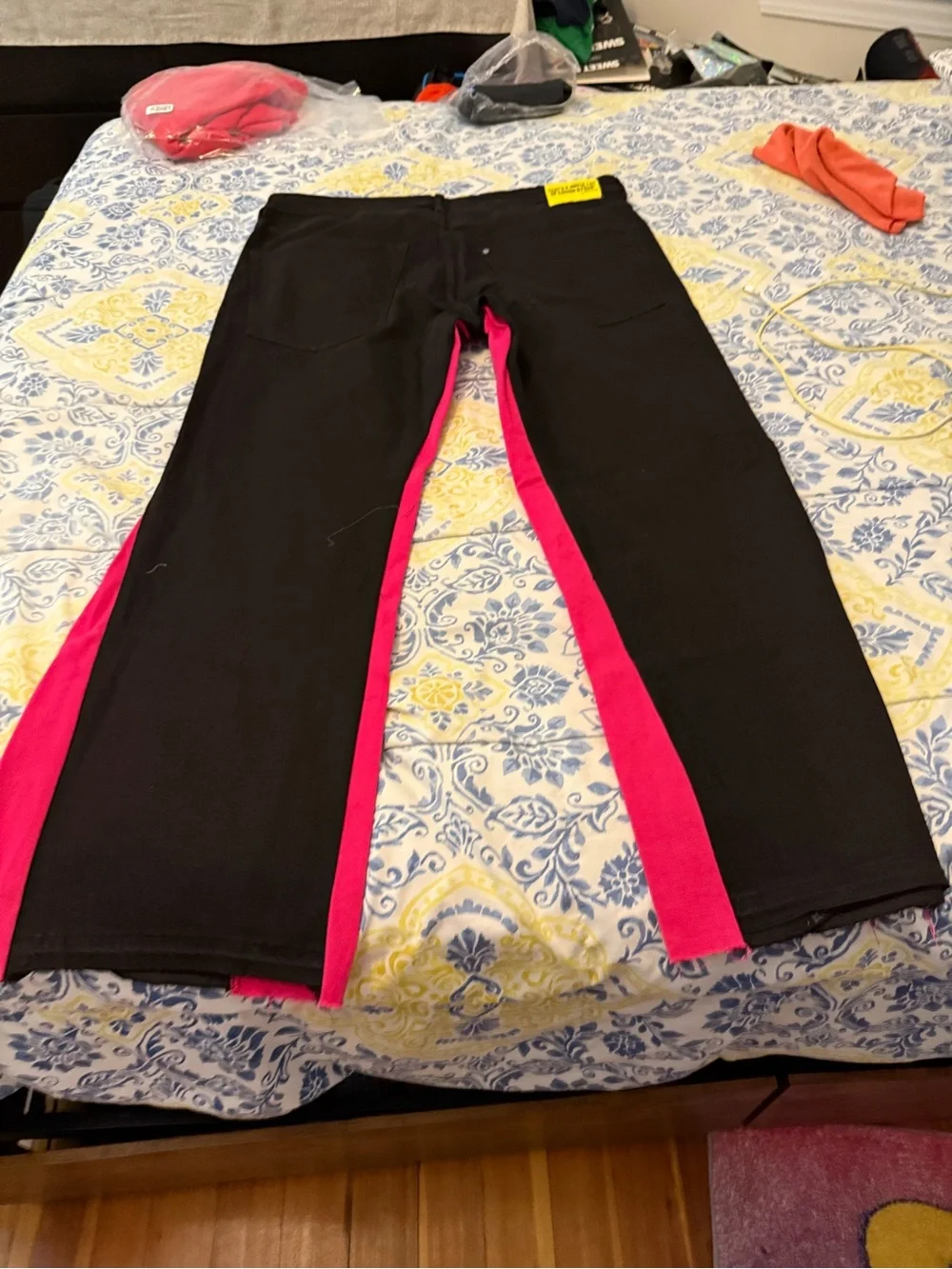 ALOC Men Black Wide-Leg Jeans with Hot Pink Side Panels and Bold Pink Letteringy